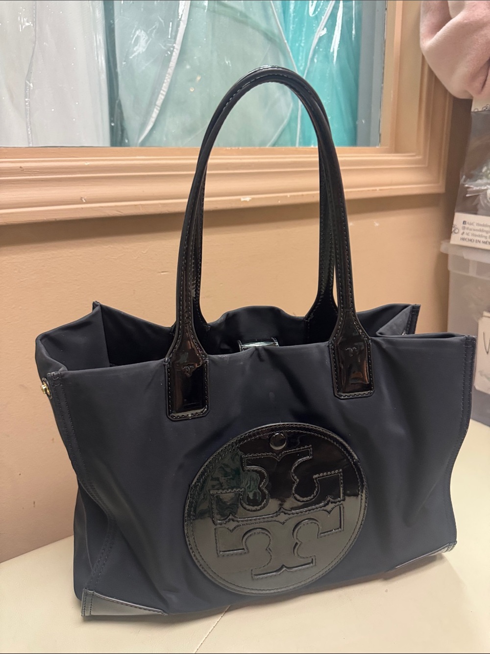Tory Burch Black Nylon Tote with Patent Trim and Logo Medallion